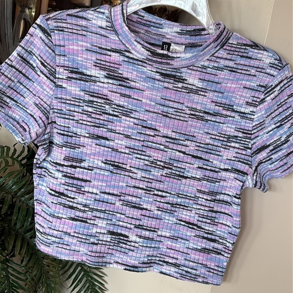 H&M Divided Crop Top Short Sleeve Ribbed Knit Stretch Crew Neck 90's Y2K Marled - Picture 6 of 11
